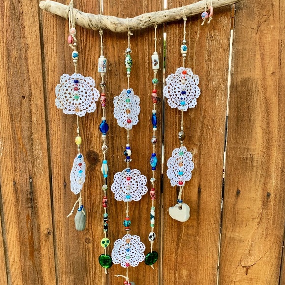 Driftwood Crochet Boho Flowers Of Life Glass Beads Sea Rocks Window Wall Decor - Picture 14 of 15